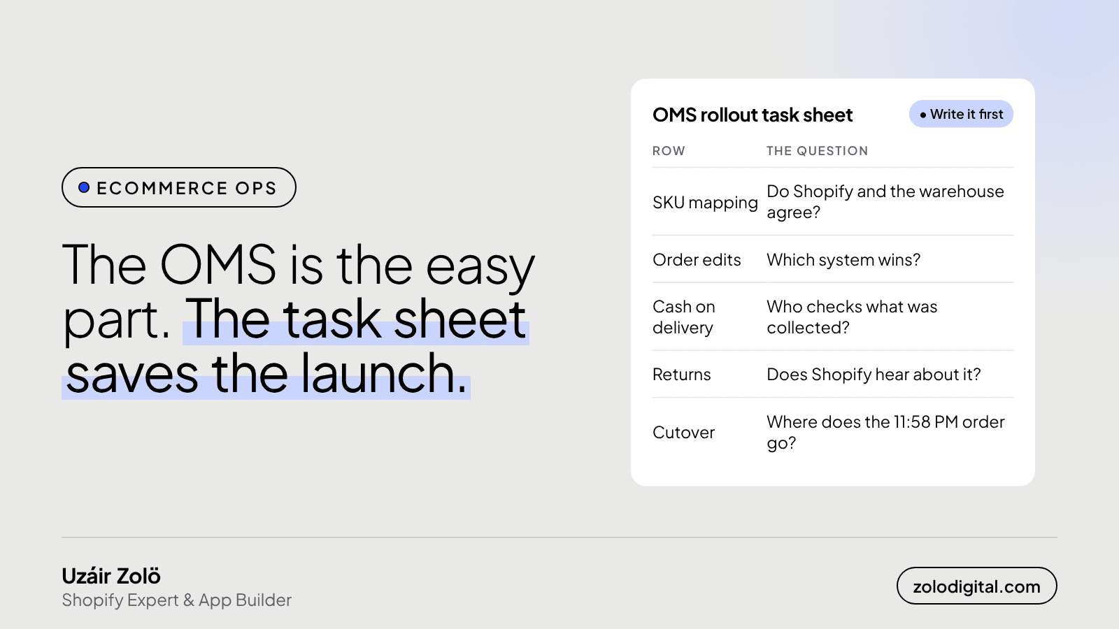 What goes on an OMS rollout task sheet?