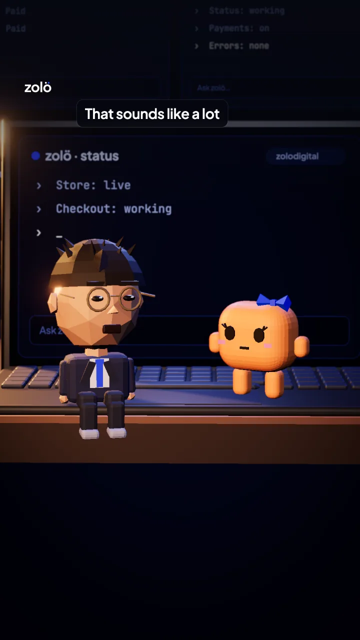 Little Uzáir and his AI, a small orange character with a blue bow, on the laptop keyboard. Caption: That sounds like a lot.