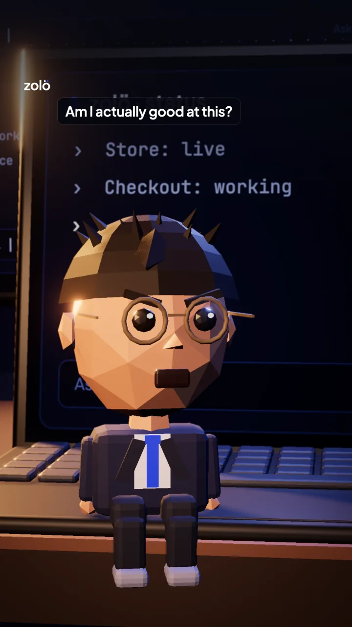 Little Uzáir, a low-poly character in round glasses, at his desk at night. Caption: Am I actually good at this?